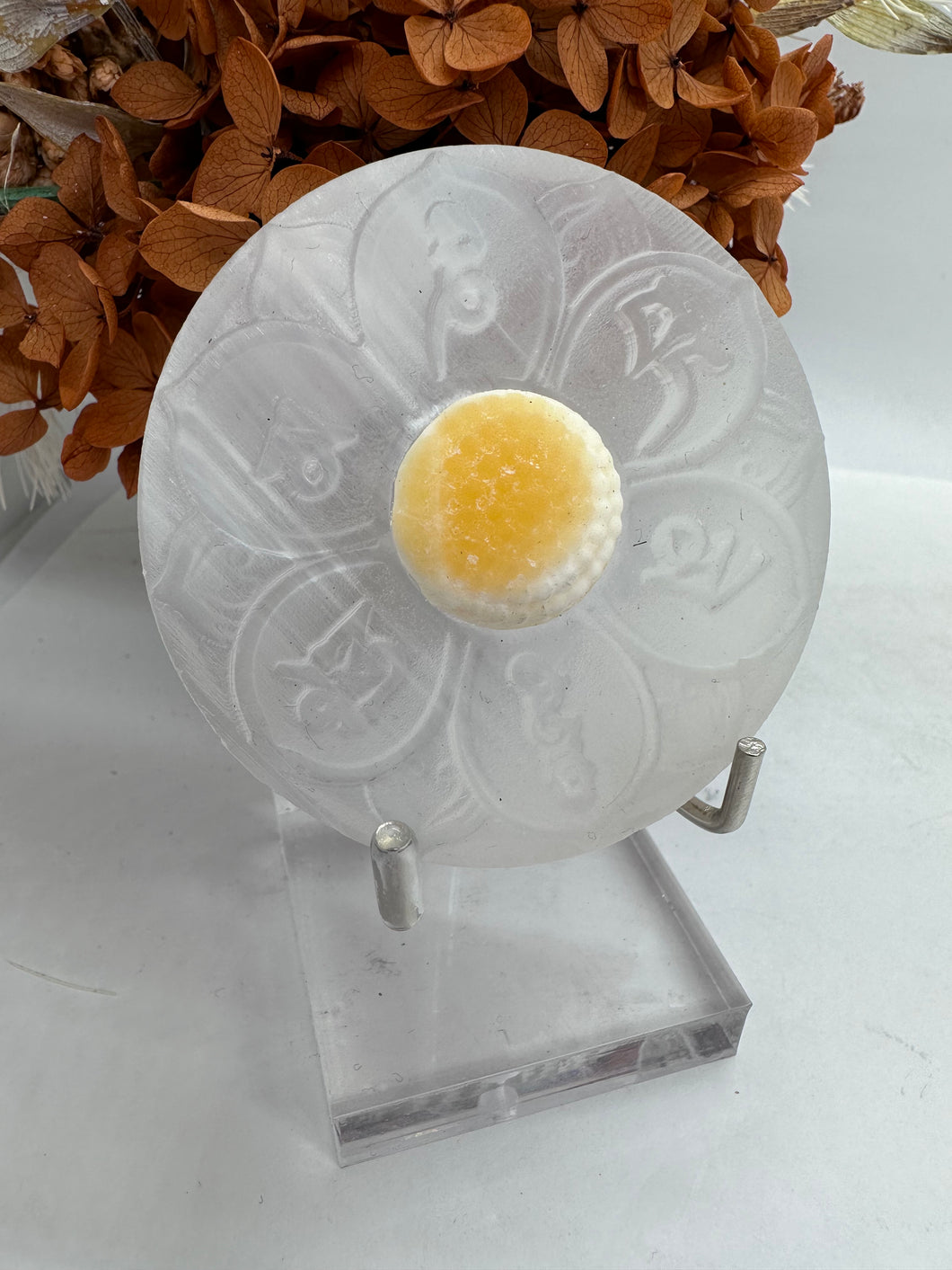 Selenite with Ruby Orange Calcite Charkra Flower on stand