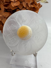 Load image into Gallery viewer, Selenite with Ruby Orange Calcite Charkra Flower on stand
